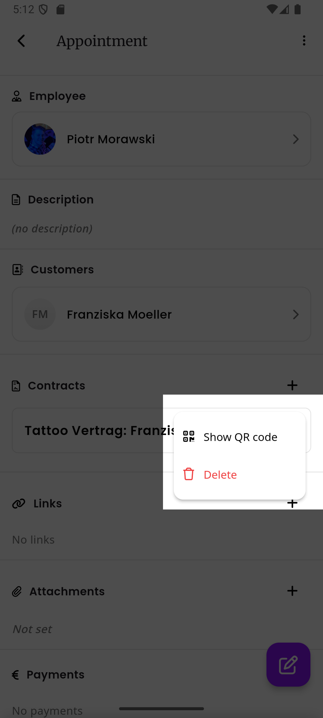 Das Vertragsoptionen-Menü mit den Optionen QR-Code anzeigen und Löschen