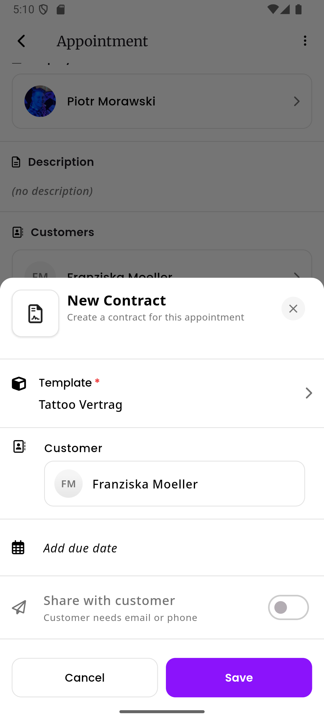 Das Neuer-Vertrag-Sheet mit vorausgefüllter Vorlage und Kunde aus dem Termin sowie Optionen zum Festlegen eines Fälligkeitsdatums und zum Teilen mit dem Kunden
