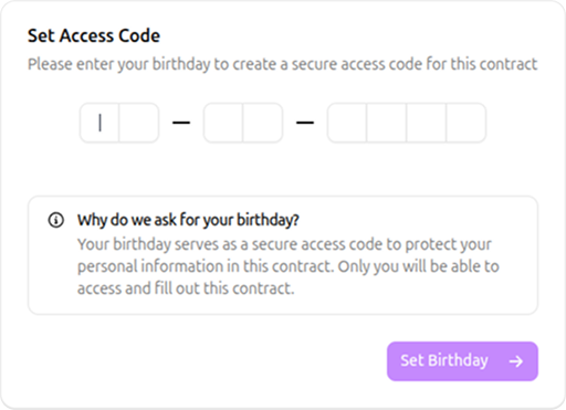Die Seite Zugangscode festlegen, auf der der Kunde sein Geburtsdatum eingeben soll, um einen sicheren Zugangscode zu erstellen