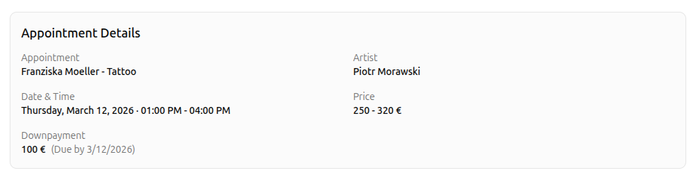 Die Karte Termindetails mit Terminname, Kuenstler, Datum und Uhrzeit, Preisspanne und Anzahlungsbetrag