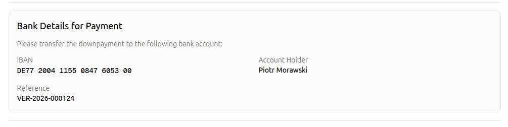 Die Karte Bankverbindung fuer die Zahlung mit IBAN, Kontoinhaber und einer Zahlungsreferenznummer