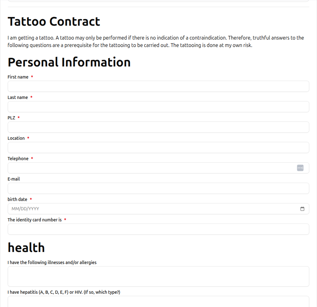 Das Vertragsformular mit Ueberschriften, Textabsaetzen, Eingabefeldern fuer persoenliche Informationen und gesundheitsbezogenen Fragen