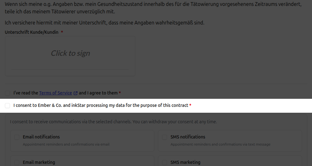 Die Checkbox fuer die Einwilligung zur Datenverarbeitung und der Bereich Kommunikationspraeferenzen mit Optionen fuer E-Mail-Benachrichtigungen, SMS-Benachrichtigungen, E-Mail-Marketing und SMS-Marketing