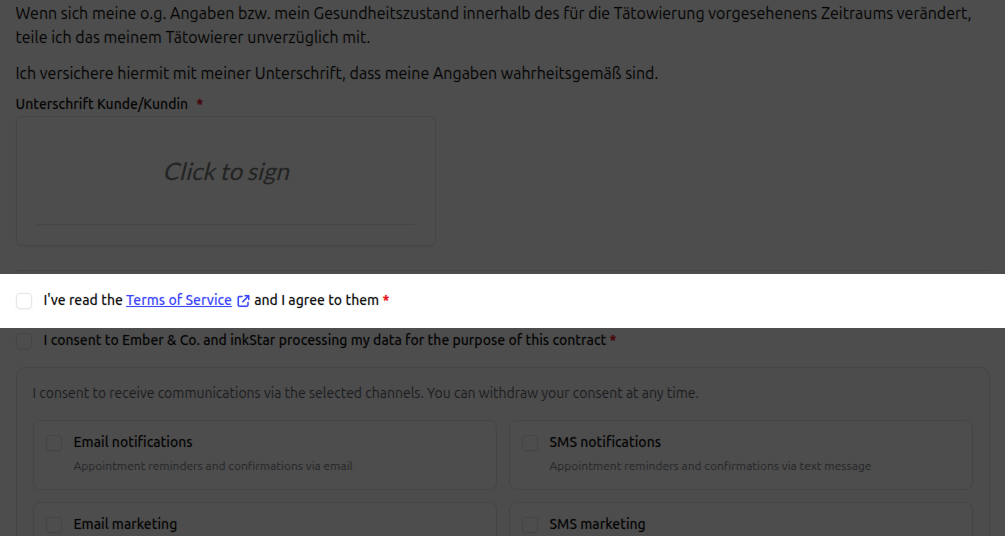 Die Checkbox fuer die Allgemeinen Geschaeftsbedingungen mit einem Link zur Ansicht der vollstaendigen Bedingungen