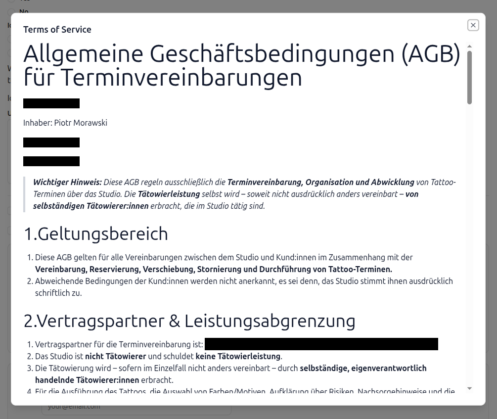 Die Seite Allgemeine Geschaeftsbedingungen mit dem vollstaendigen Text einschliesslich Ueberschriften und Absaetzen