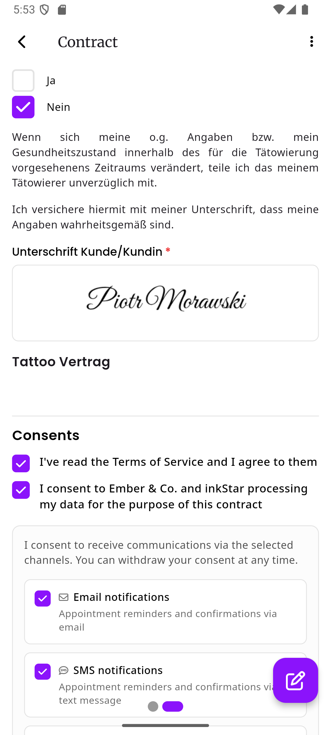 Der untere Teil der Vertragsvorschau mit ausgefüllten Ja/Nein-Antworten, der Unterschrift des Kunden und Einwilligungs-Checkboxen mit lila Häkchen
