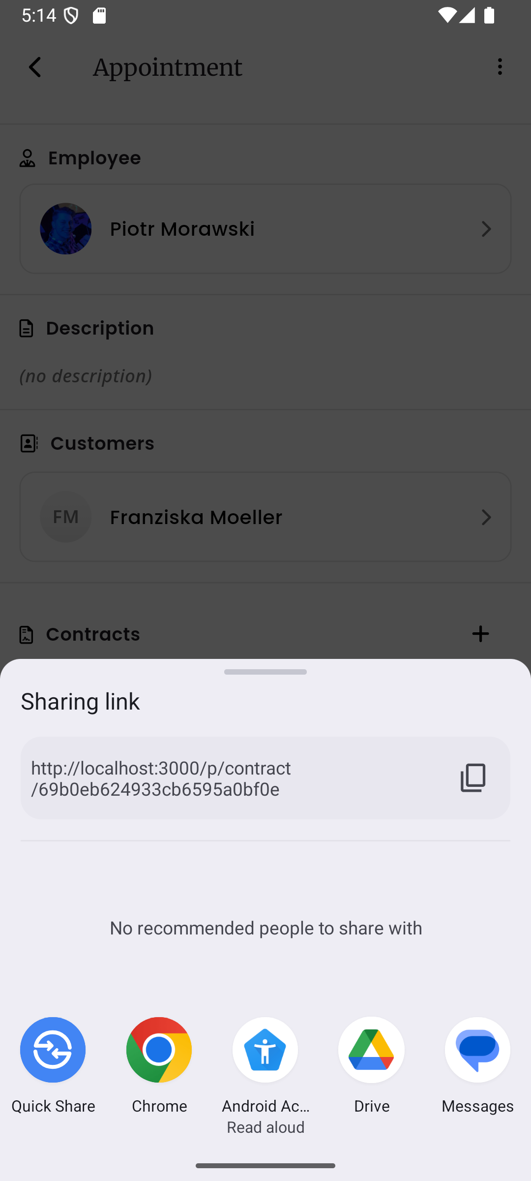 Das native Teilen-Menü mit dem Vertragslink und Optionen zum Teilen über Quick Share, Chrome, Android Accessibility, Drive und Messages