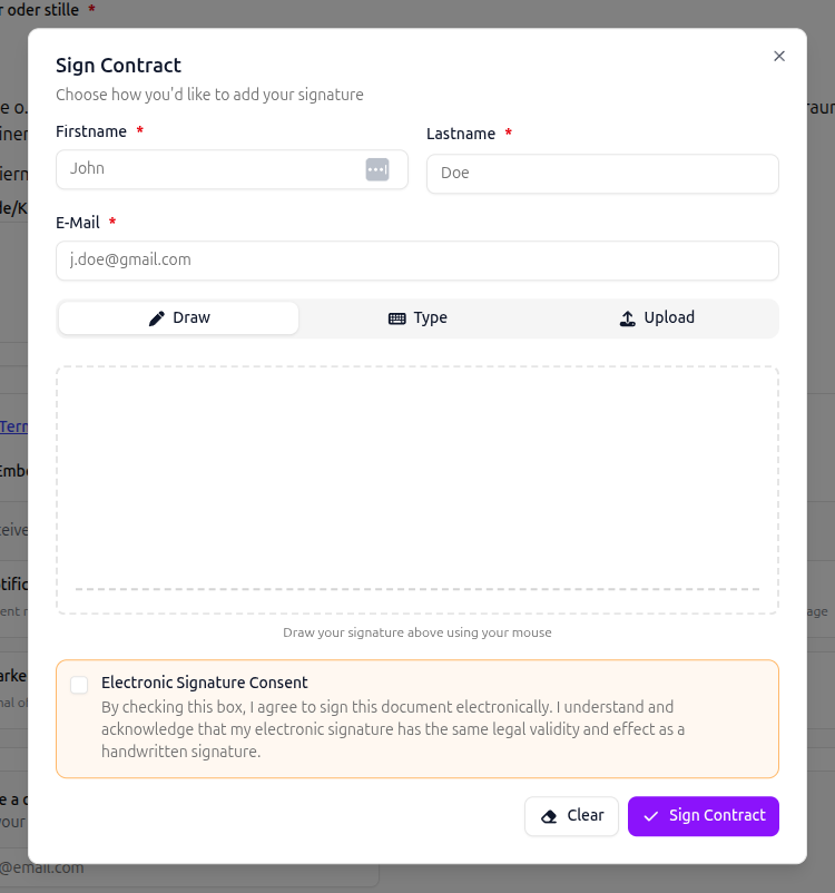 Der Dialog 'Vertrag unterschreiben' mit dem Tab 'Zeichnen' und einer leeren Zeichenfläche, auf der der Kunde seine Unterschrift zeichnen kann