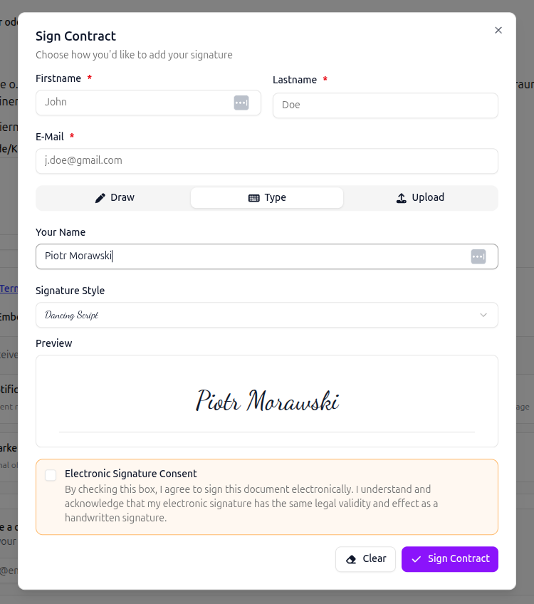 Der Dialog 'Vertrag unterschreiben' mit dem Tab 'Tippen', einem Namensfeld, einem Dropdown für den Unterschriftsstil auf Dancing Script eingestellt und einer Vorschau der getippten Unterschrift