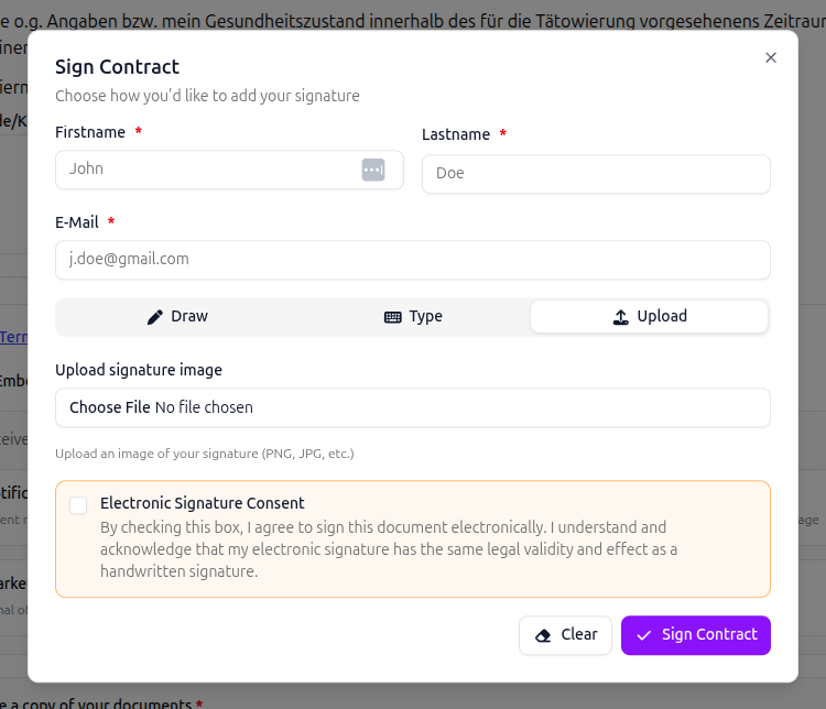 Der Dialog 'Vertrag unterschreiben' mit dem Tab 'Hochladen' und einer Dateiauswahl zum Hochladen eines Unterschriftsbildes