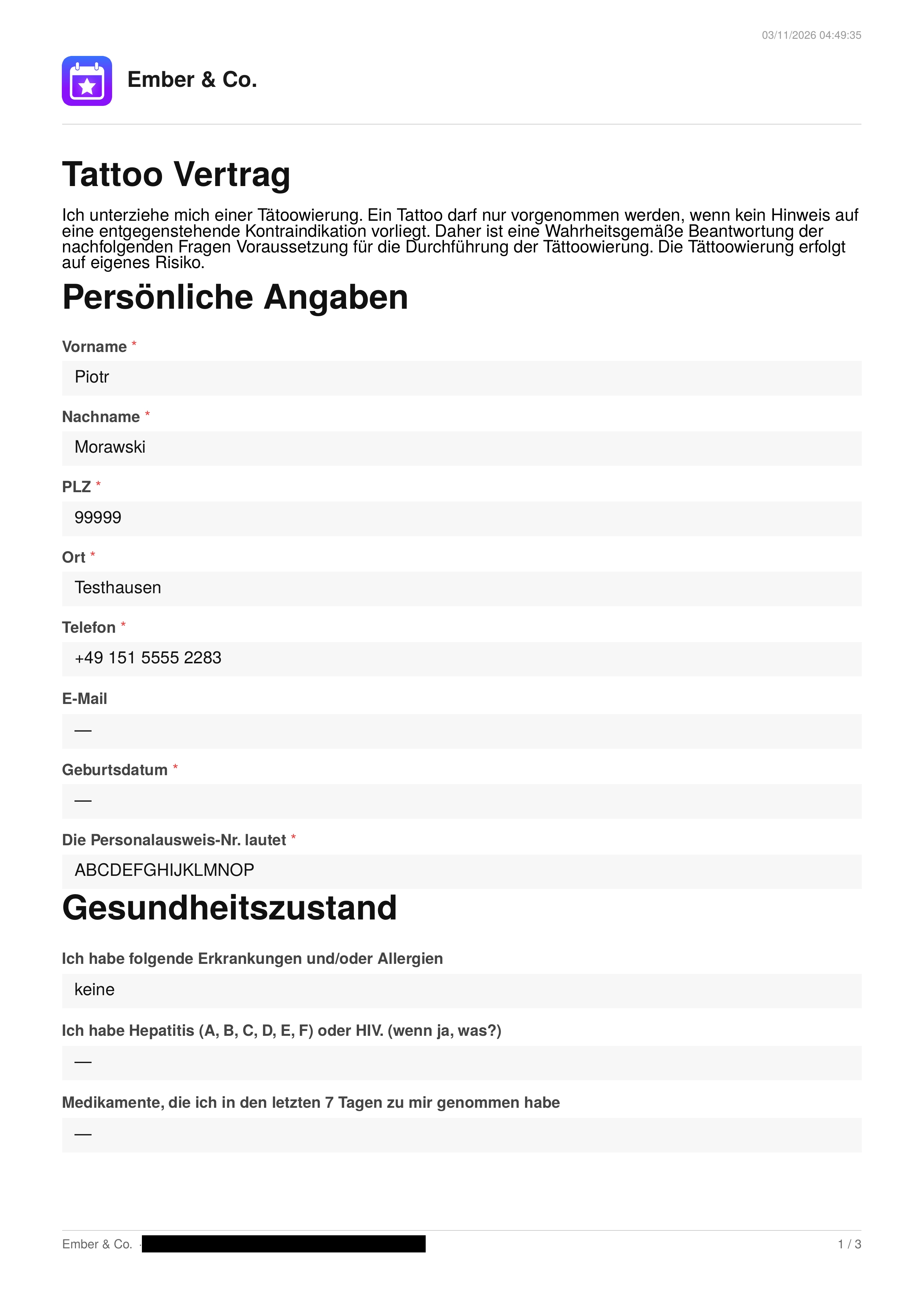 Eine Beispielseite eines unterschriebenen Vertrags-PDFs mit dem Firmenlogo, dem Vertragstitel, ausgefüllten persönlichen Informationsfeldern und gesundheitsbezogenen Fragen