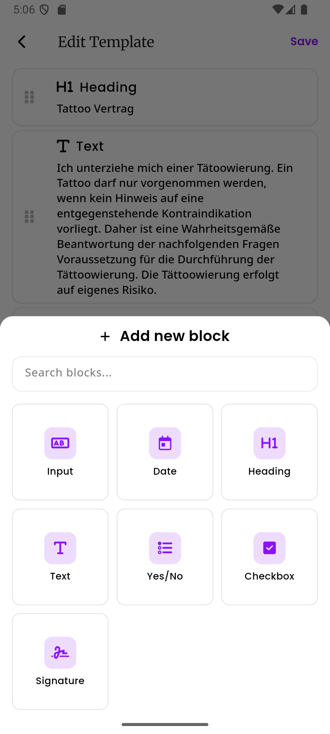 Das Neuen-Block-hinzufügen-Sheet mit allen sieben Blocktypen: Eingabe, Datum, Überschrift, Text, Ja/Nein, Checkbox und Unterschrift, mit einer Suchleiste oben