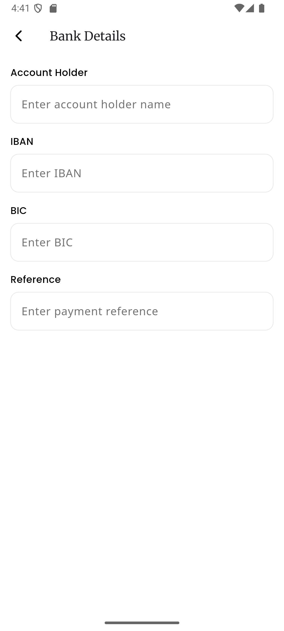 Die Seite zur Bearbeitung der Bankverbindung mit Feldern fuer Kontoinhaber, IBAN, BIC und Referenz