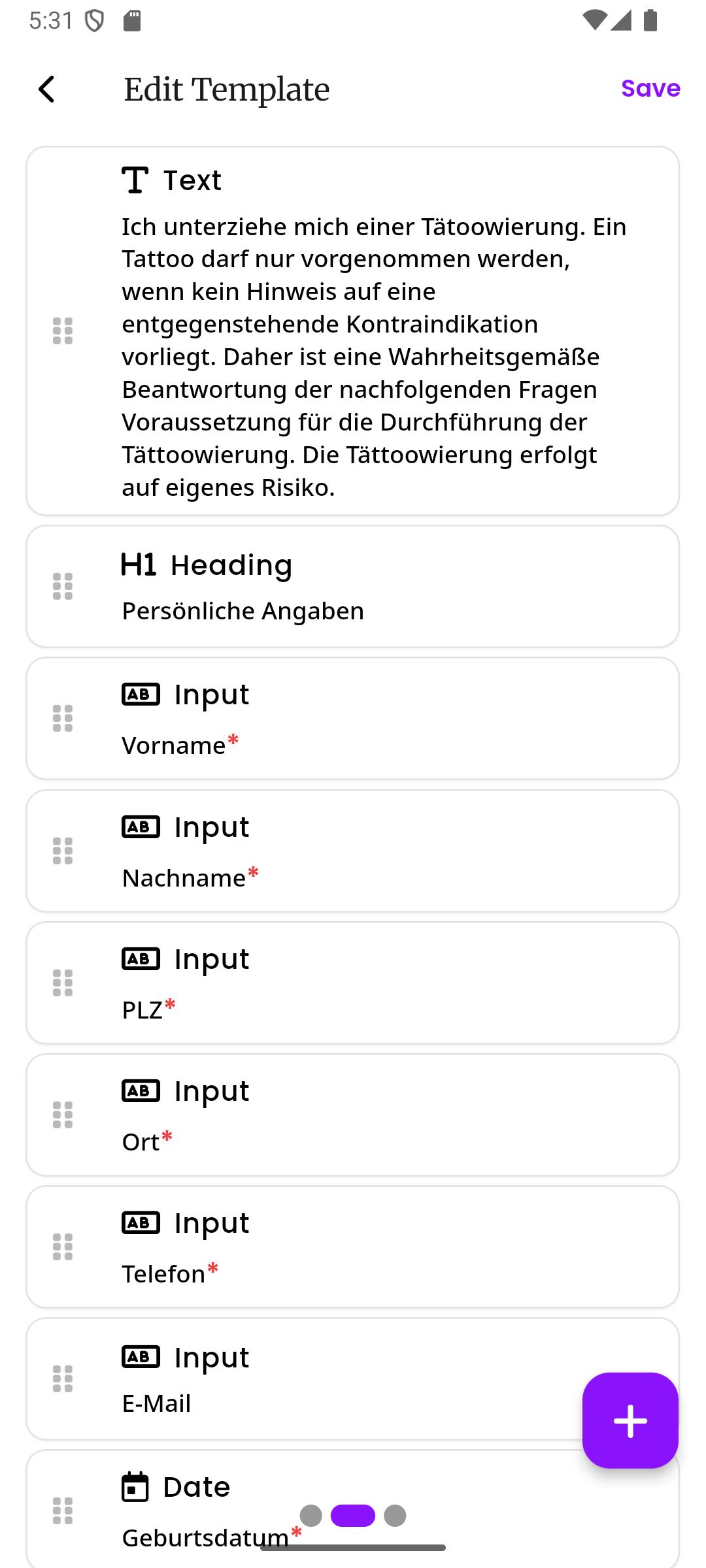 Der Block-Editor mit einer Liste von Blöcken, darunter ein Textblock, eine Überschrift und mehrere Eingabefelder