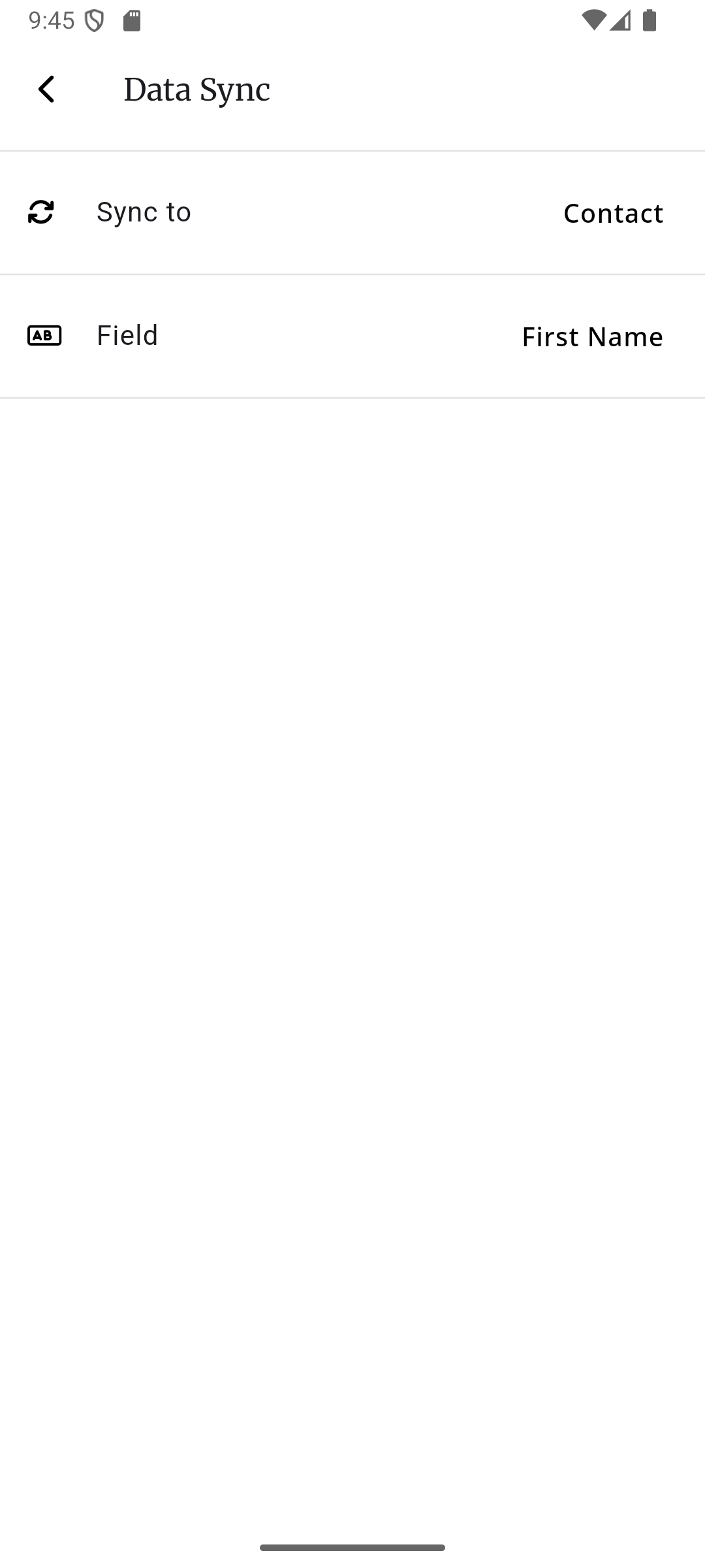 Die Datensynchronisierungs-Seite mit Synchronisierung zu eingestellt auf Kontakt und Feld eingestellt auf Vorname