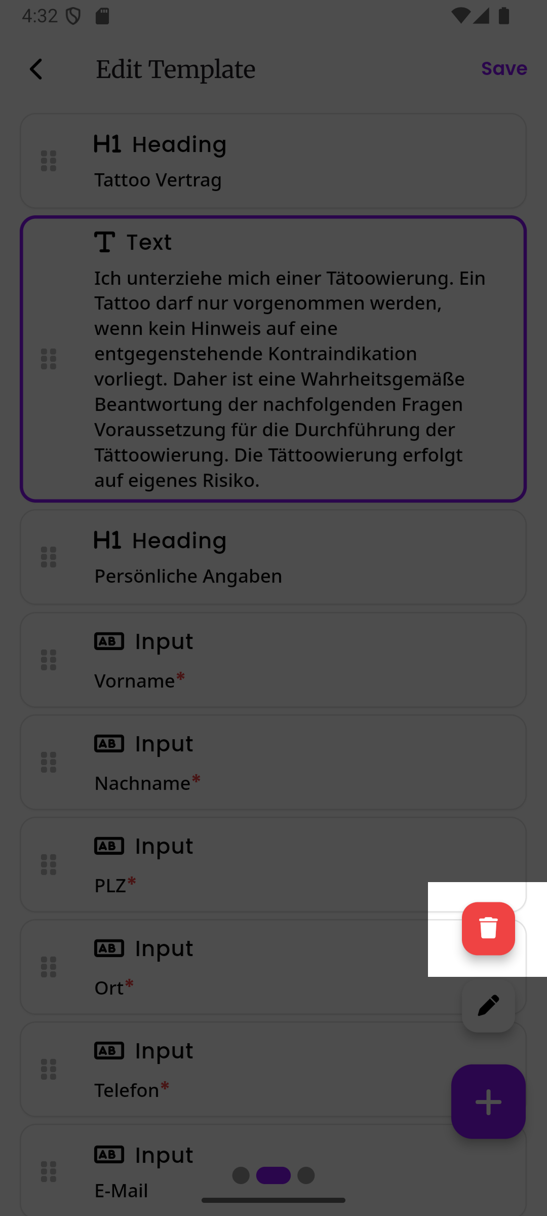 Ein ausgewählter Block mit hervorgehobenem Papierkorb-(Löschen-)Button über dem schwebenden Aktionsbutton