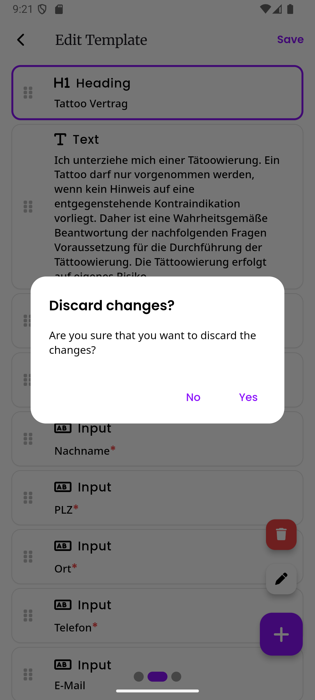 Ein Dialog, der fragt, ob ungespeicherte Änderungen verworfen werden sollen, mit Nein- und Ja-Buttons