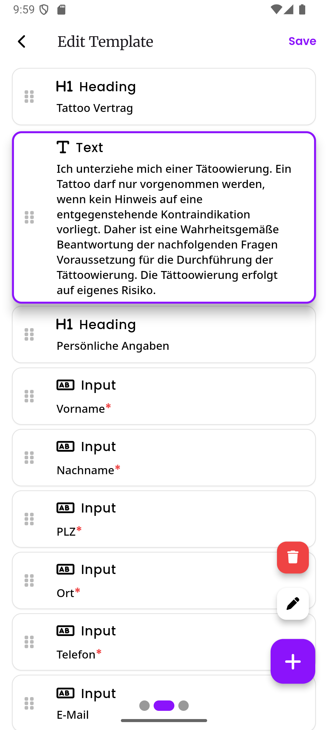 Ein Block, der an eine neue Position in der Blockliste gezogen wird, mit sichtbaren Zieh-Griffen auf der linken Seite jedes Blocks
