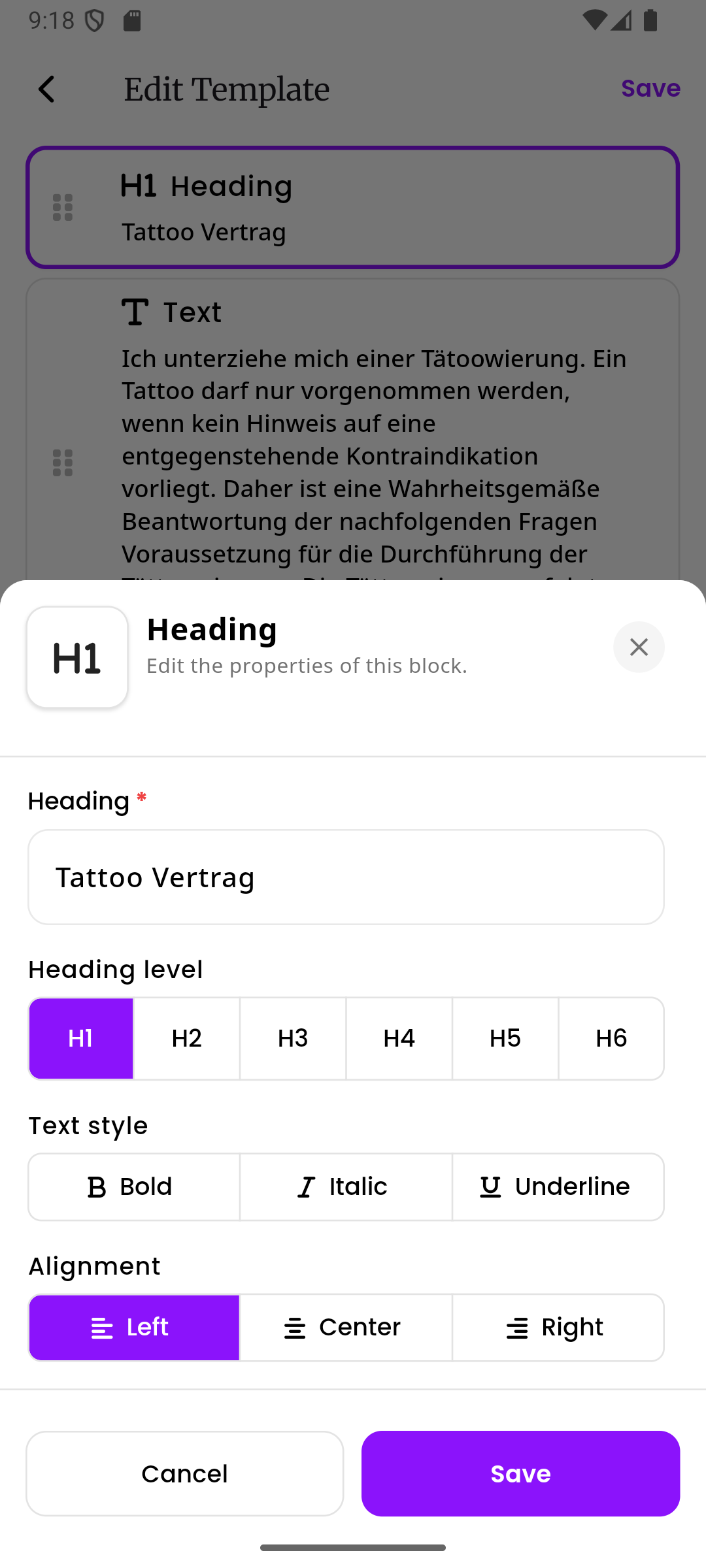 Das Einstellungsfeld des Überschrift-Blocks mit Feldern für Überschriftstext, Überschriftsebene, Textstil und Ausrichtung