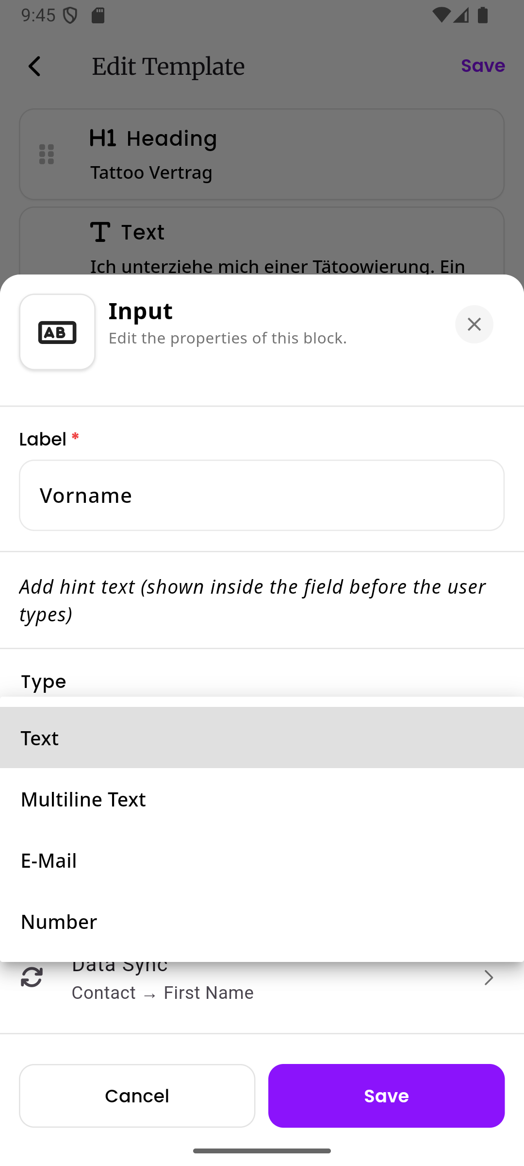 Das Typ-Dropdown mit vier Optionen: Text, Mehrzeiliger Text, E-Mail und Zahl