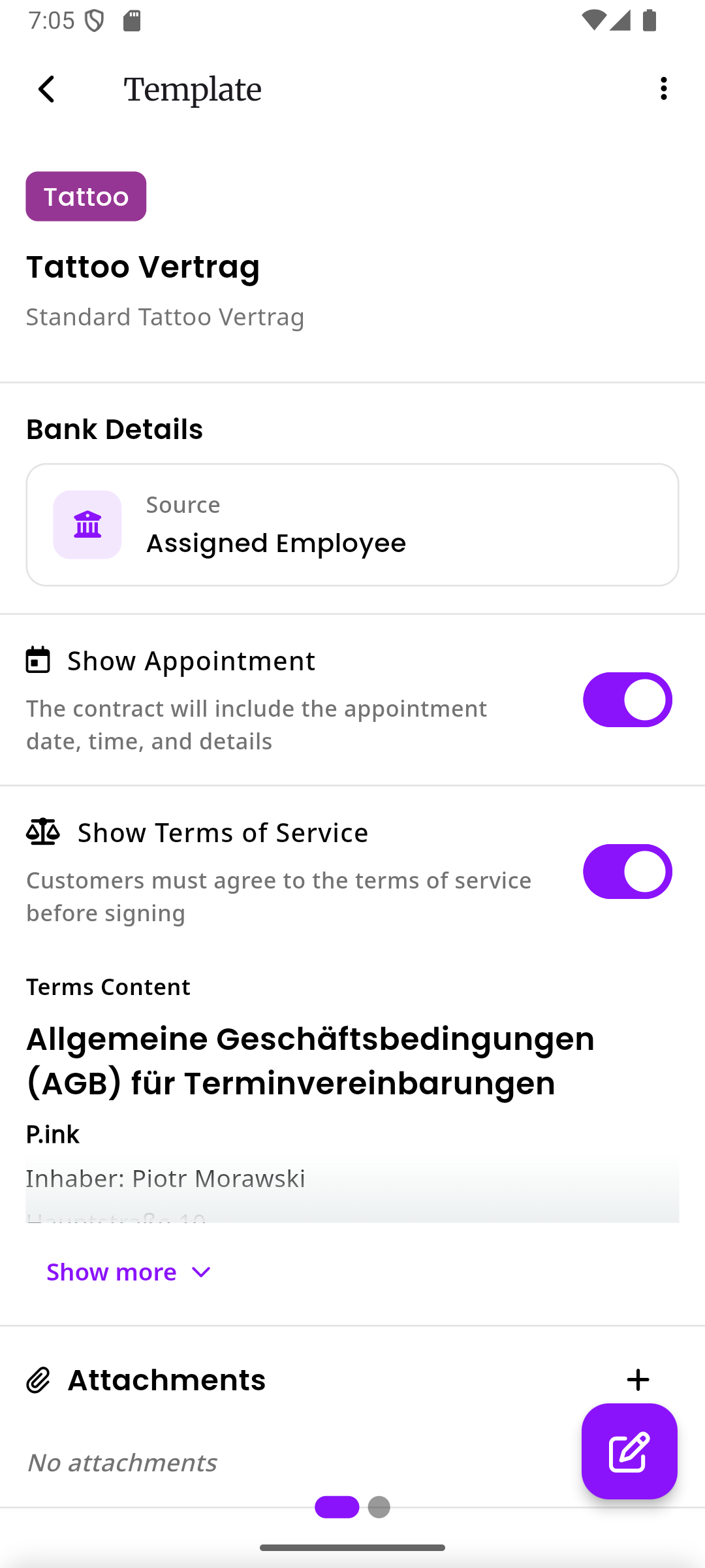 Die Vertragsvorlagen-Detailansicht mit Vorlagenname, Beschreibung, Bankverbindungsquelle, Termin-anzeigen-Schalter und AGB