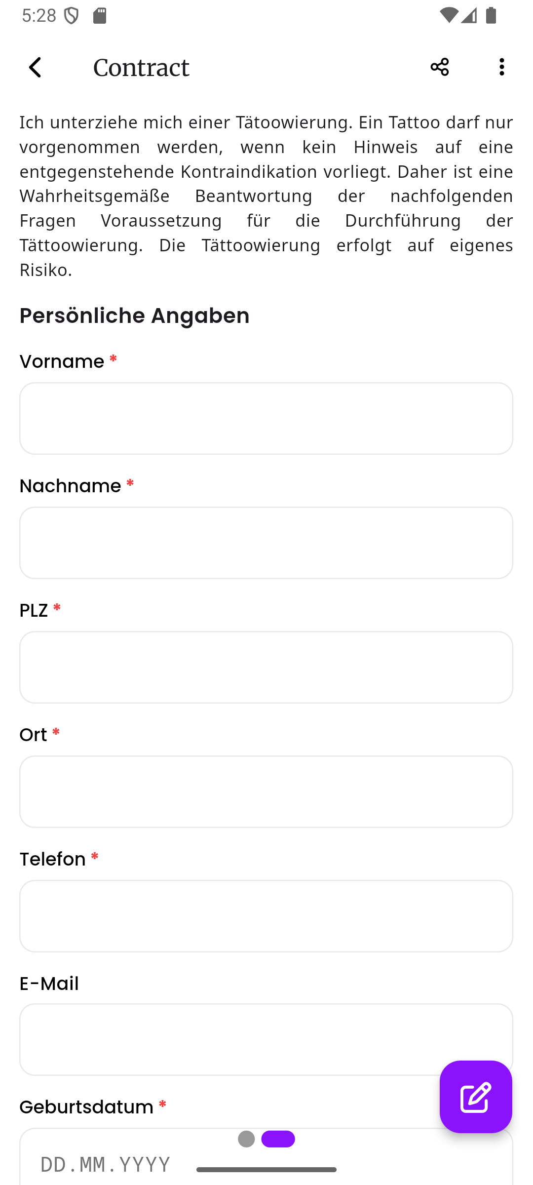 Eine Live-Vorschau des Vertrags mit Text, Überschriften, Eingabefeldern und einem Datumsauswähler, wie der Kunde sie sehen würde