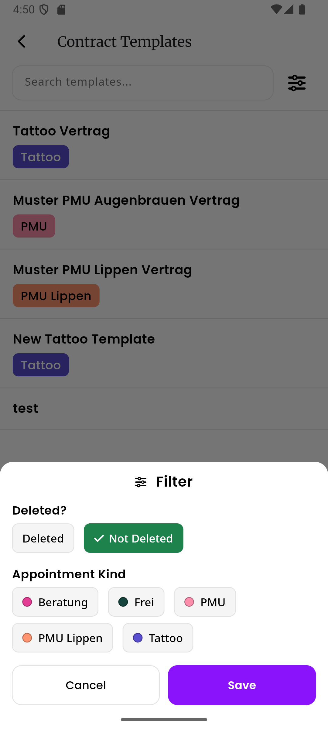 Die Vertragsvorlagen-Liste mit geöffnetem Filterpanel, das Optionen zum Filtern nach Gelöscht-Status und Terminart zeigt