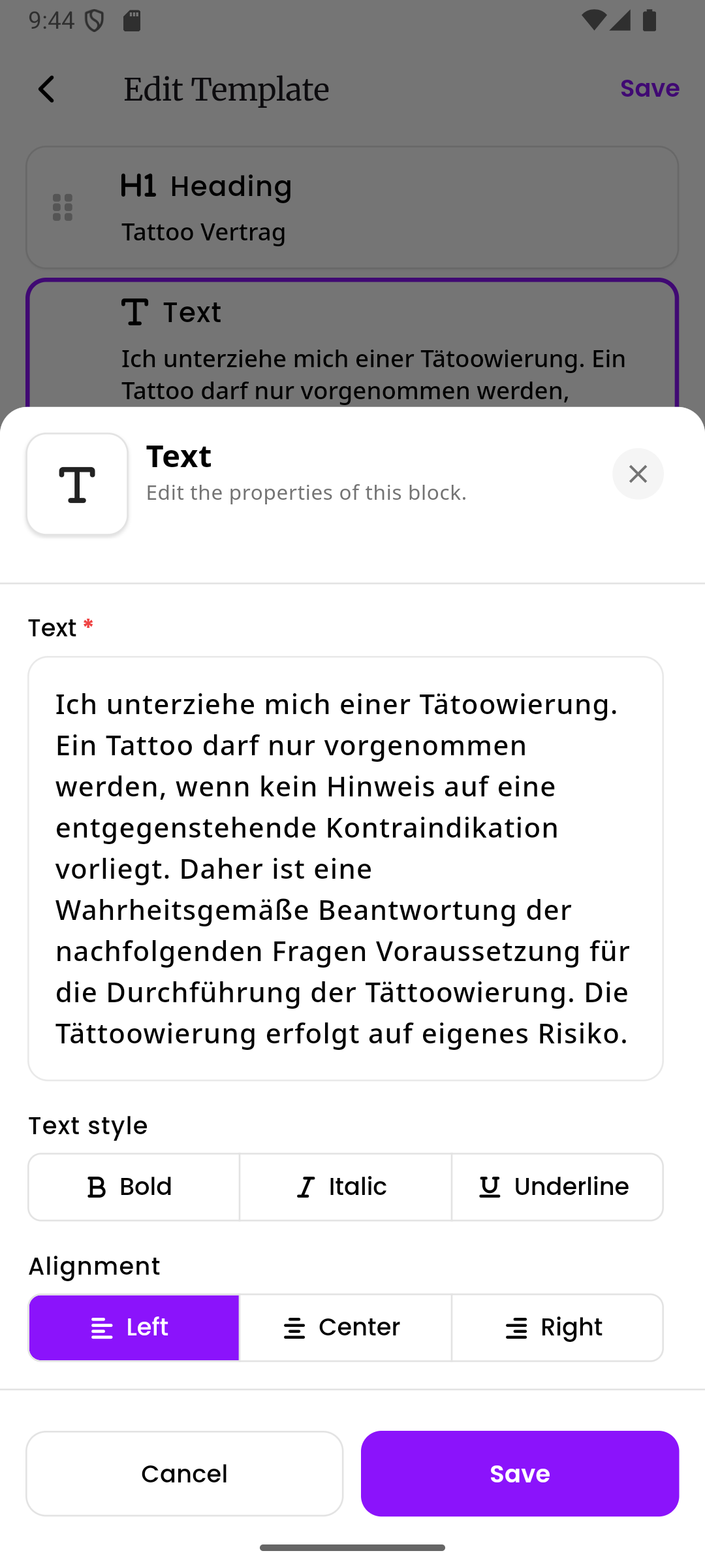 Das Einstellungsfeld des Text-Blocks mit einem Textfeld, Textstil-Optionen und Ausrichtungsoptionen