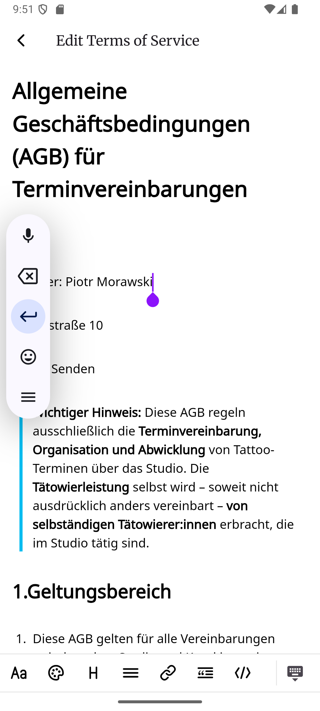 Der Rich-Text-Editor für die Allgemeinen Geschäftsbedingungen mit formatiertem Text, Überschriften, fett gedruckten Abschnitten und nummerierten Listen
