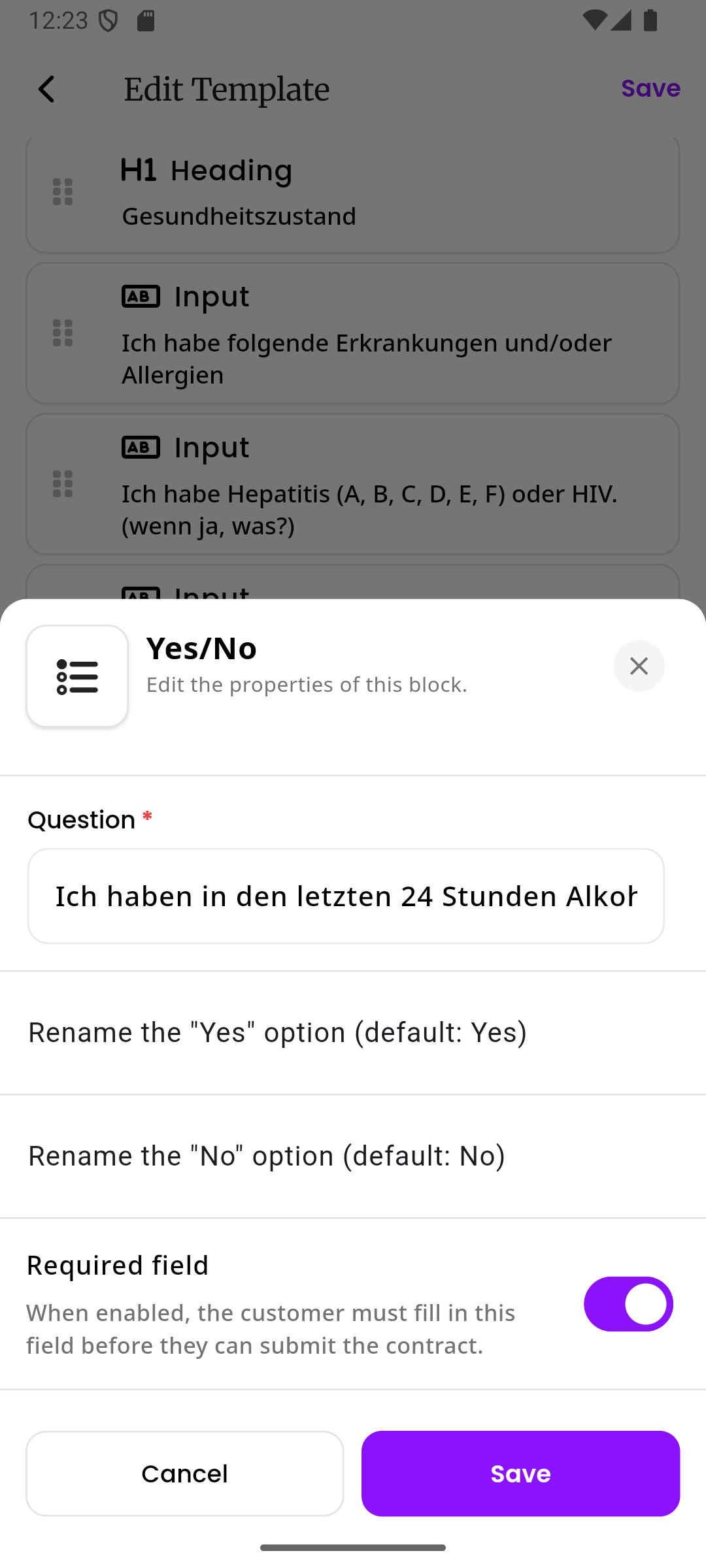 Das Einstellungsfeld des Ja/Nein-Blocks mit einem Fragefeld, Umbenennungsoptionen für Ja- und Nein-Bezeichnungen und einem Pflichtfeld-Schalter