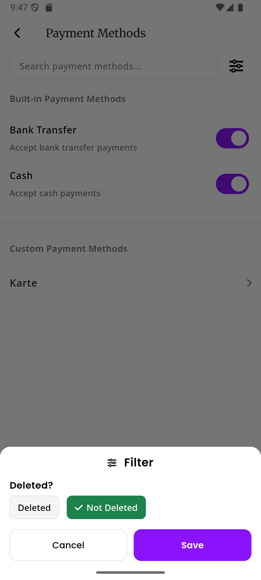 Filter sheet with Deleted and Not Deleted options