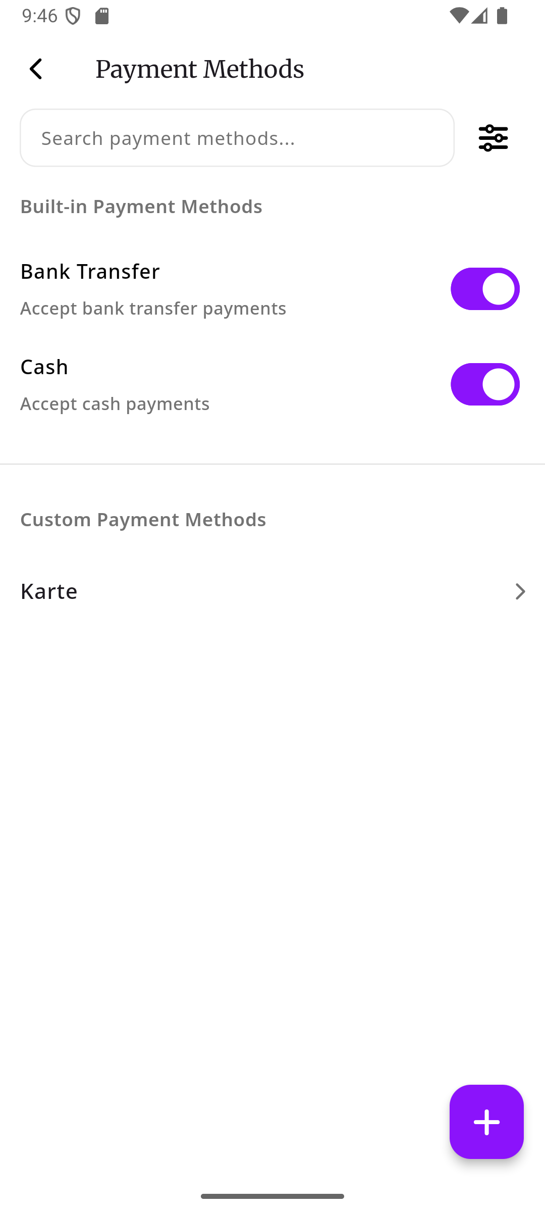 Payment methods list showing built-in methods with toggles and custom methods below