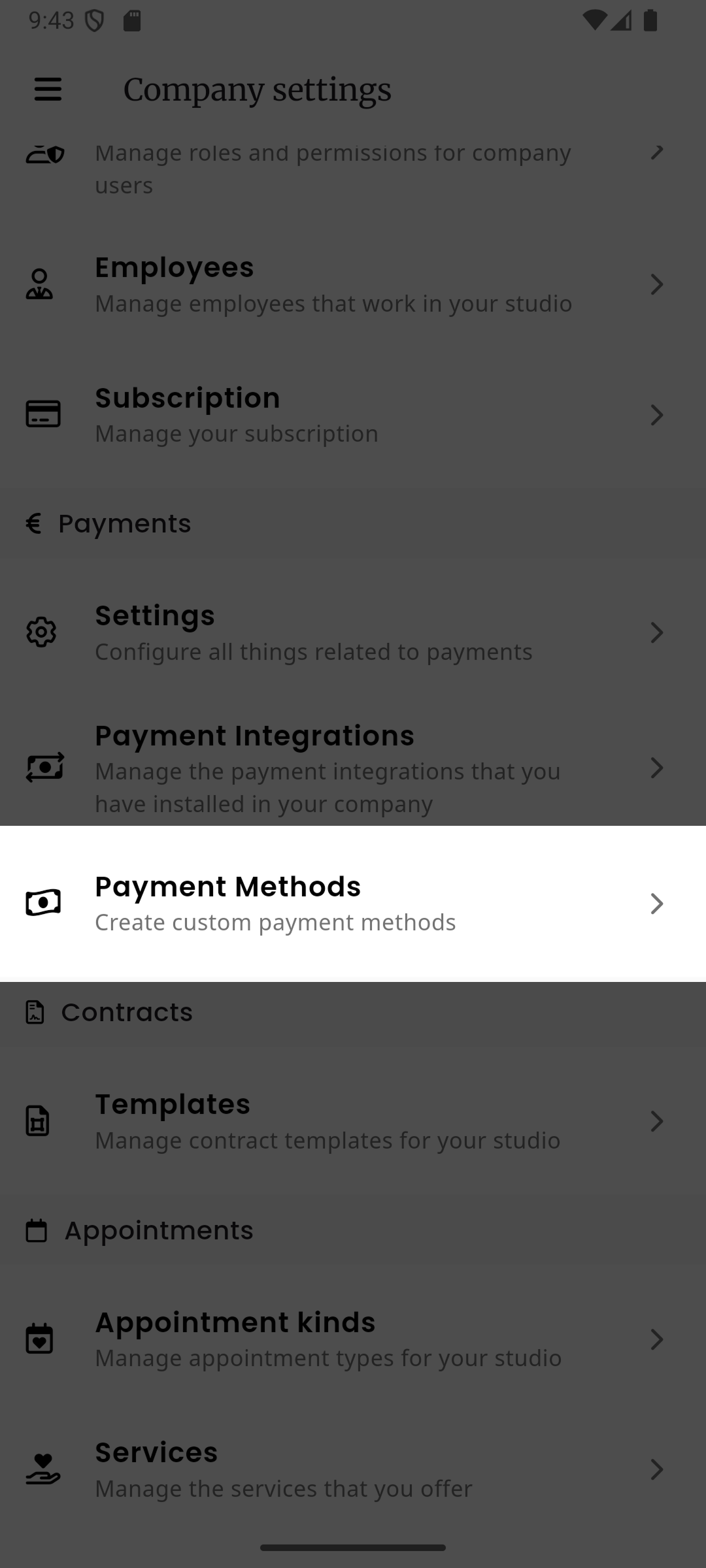 Company settings page with Payment Methods highlighted
